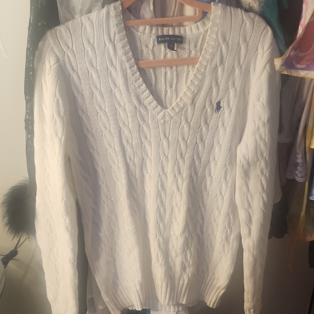 Ralph Lauren Women's White V-Neck Sweater